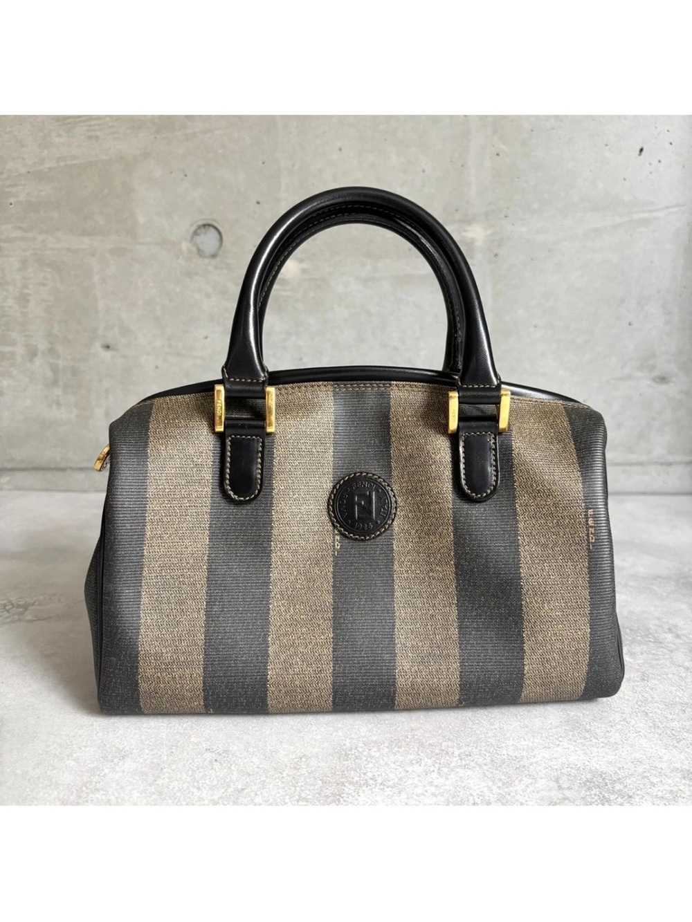 Fendi Striped Canvas Satchel in Brown and Black with Gold Hardware